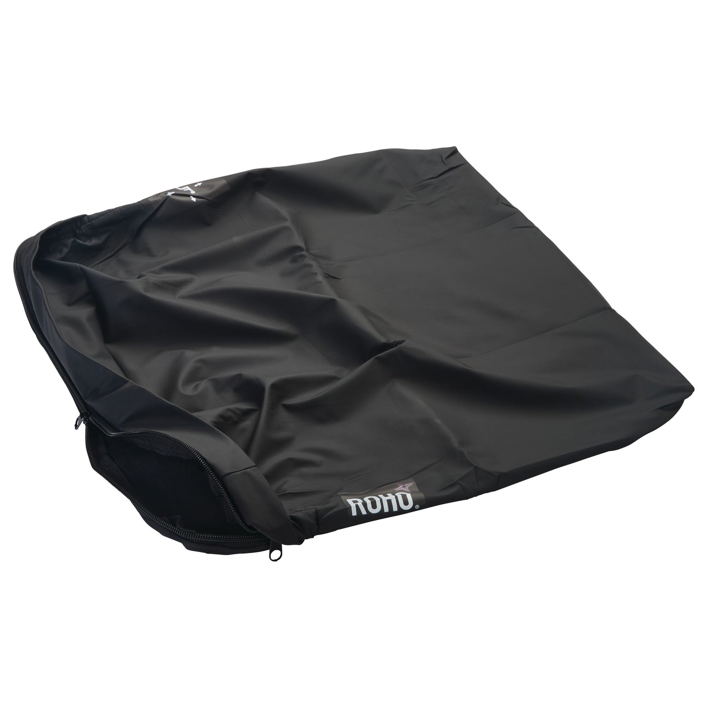 A black Heavy-Duty Replacement Cover for ROHO HIGH-PROFILE Wheelchair Cushion, partially unzipped, with the ROHO logo visible.