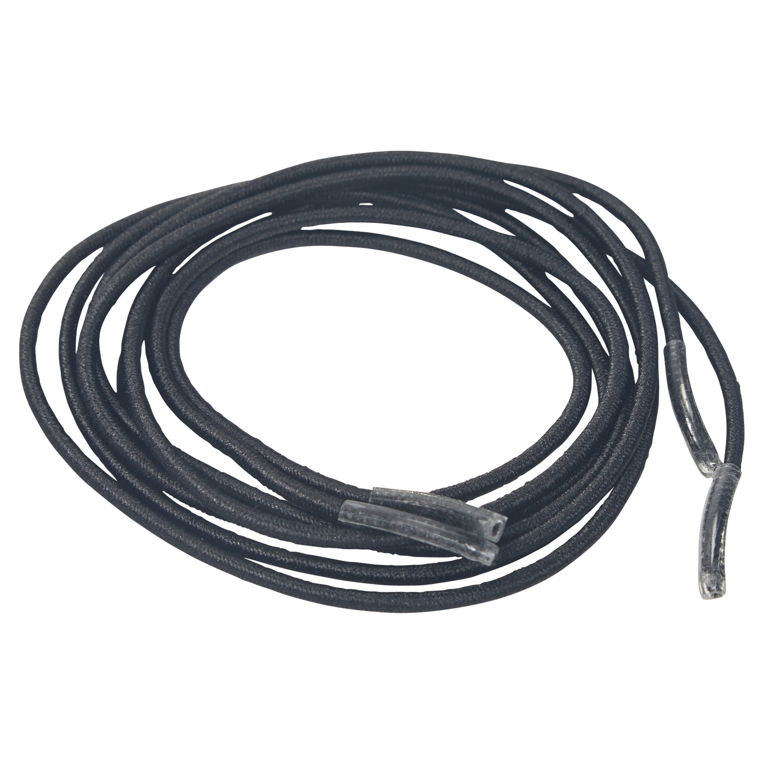 A black Round Elastic Shoelace coiled neatly, with plastic tips at both ends.