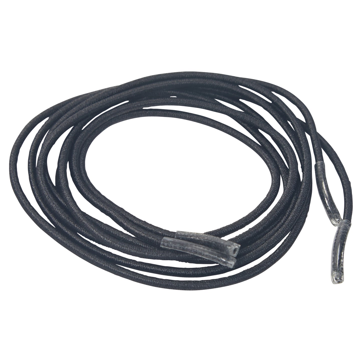 A black Round Elastic Shoelace coiled neatly, with plastic tips at both ends.
