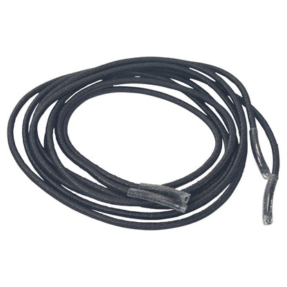 A black Round Elastic Shoelace coiled neatly, with plastic tips at both ends.