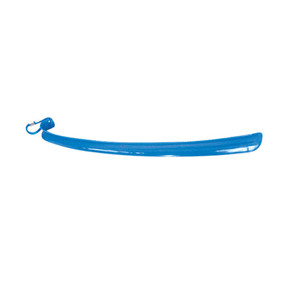 Blue Hook-End Plastic Shoehorn with a curved design and a small hook for hanging, isolated on a white background.