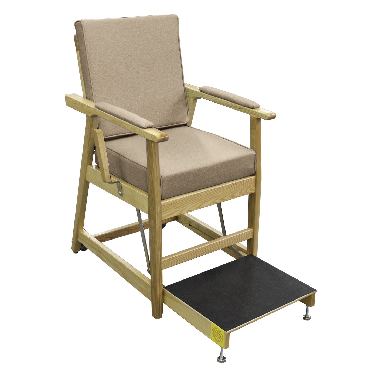The EZ-UP Hip Chair features a wooden frame, cushioned seat and backrest, padded armrests, and a footrest for ease and support.
