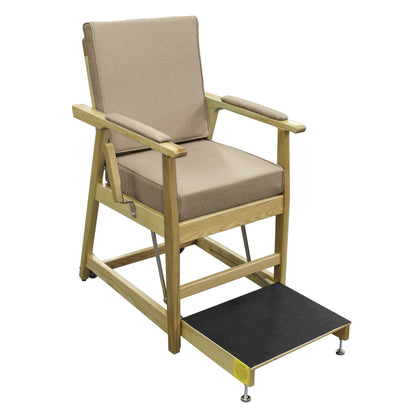 The EZ-UP Hip Chair features a wooden frame, cushioned seat and backrest, padded armrests, and a footrest for ease and support.