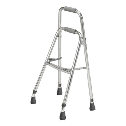A Side Walker with a silver metal frame, gray rubber hand grips, and four rubber-capped legs for stability is shown.