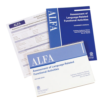 Three blue and white ALFA assessment materials, including a manual, picture book, and Profile/Examiner Record Forms for ALFA.