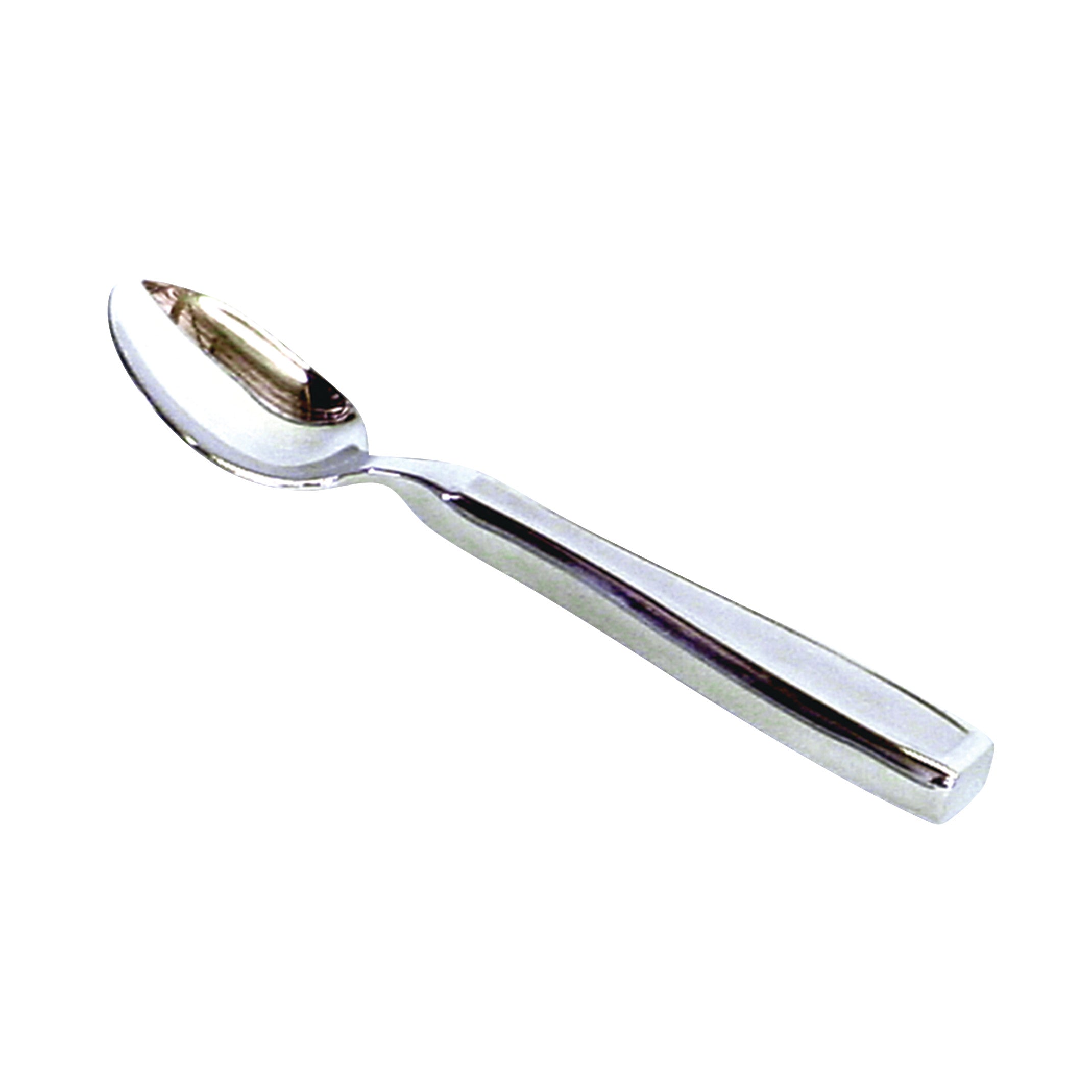 A silver spoon with a thick handle, part of the "Weighted Utensils" collection.