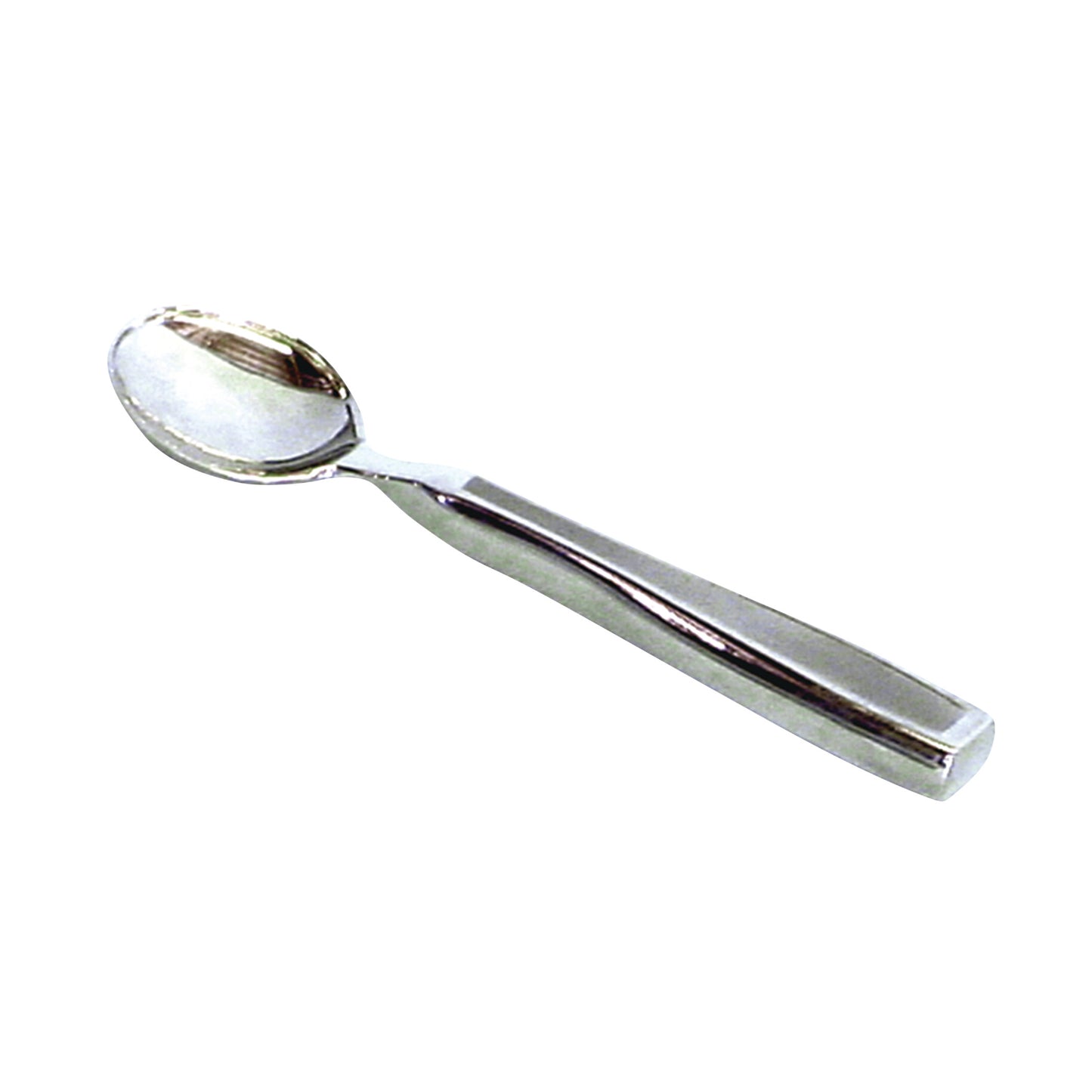 A silver spoon with a thick handle, designed as part of Weighted Utensils to assist with stability and ease of use.