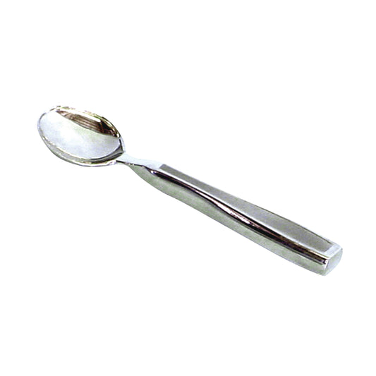 A silver spoon with a thick handle, designed as part of Weighted Utensils to assist with stability and ease of use.