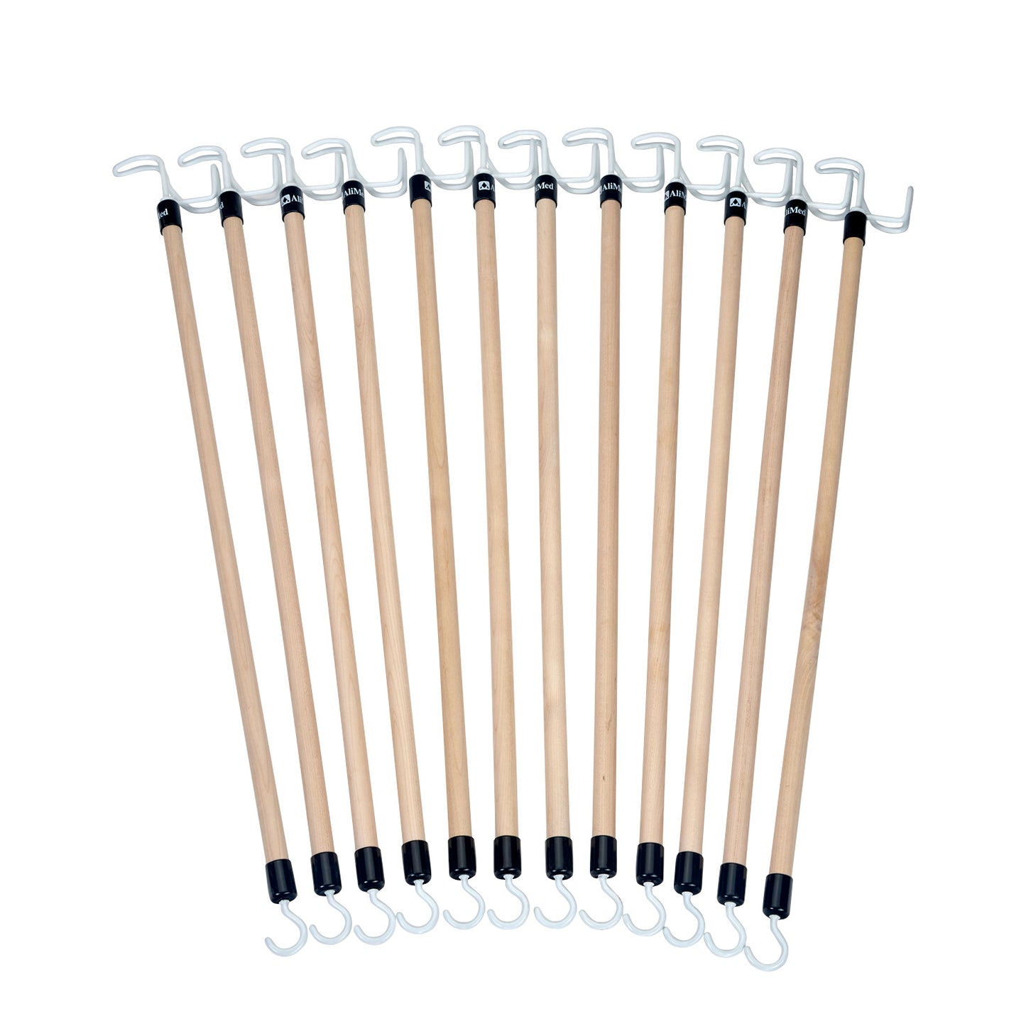 Twelve Big Hook Dressing Sticks are arranged in a fan shape. They have wooden handles and metal hooks on each end.