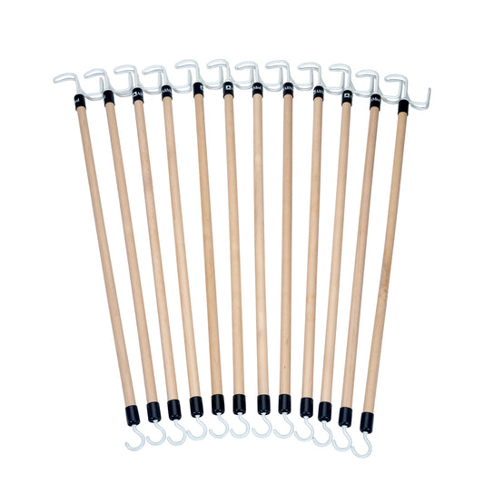 Twelve Big Hook Dressing Sticks are arranged in a fan shape. They have wooden handles and metal hooks on each end.