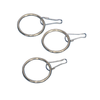 Three silver "Zipper Pull Ring" clips with round rings and attached metal hooks, arranged on a white background.