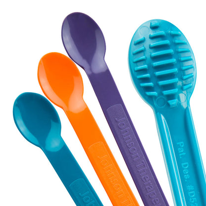 Four colorful Johnson Therapro Textured Spoons, in blue, orange, and purple, with one featuring a ridged texture, are displayed.