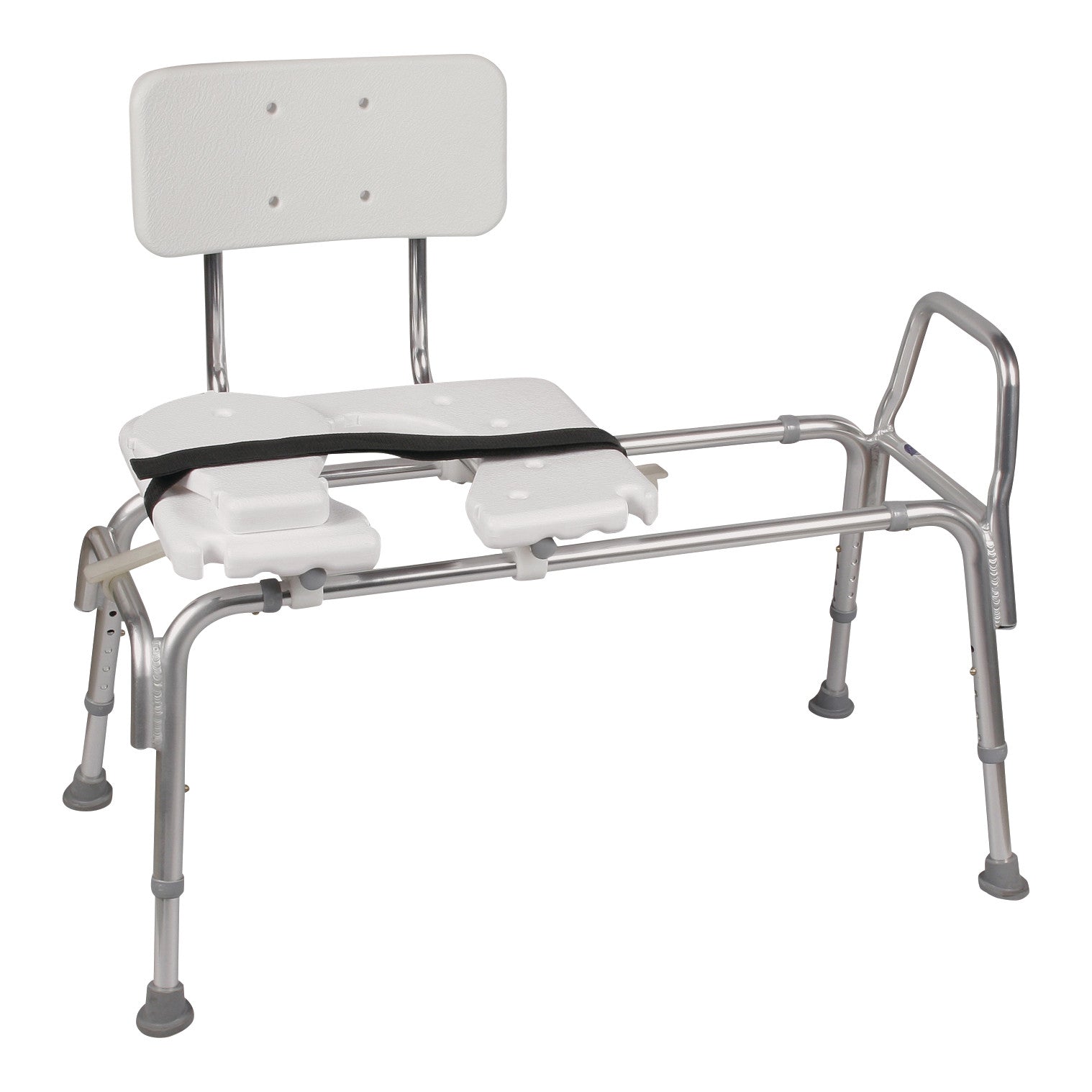 Snap-n-Save Heavy-Duty Sliding Transfer Bench with a white seat, backrest, metal frame, and an adjustable black strap.