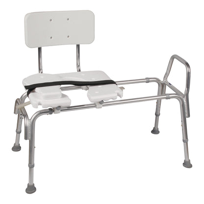 Snap-n-Save Heavy-Duty Sliding Transfer Bench with a white seat, backrest, metal frame, and an adjustable black strap.