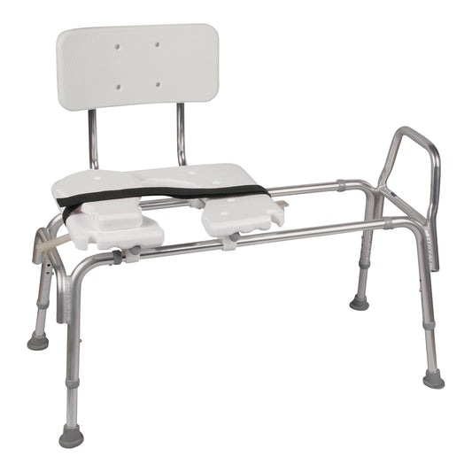 Snap-n-Save Heavy-Duty Sliding Transfer Bench with a white seat, backrest, metal frame, and an adjustable black strap.