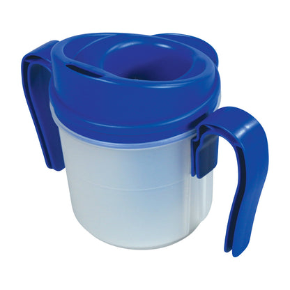 The Provale Cup features a blue lid and dual handles, designed to regulate liquid flow, suitable for controlled sips.