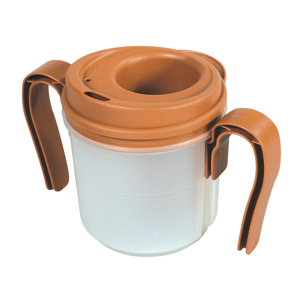A Provale Cup with a brown lid and dual handles designed for controlled liquid intake. The body is white and translucent.