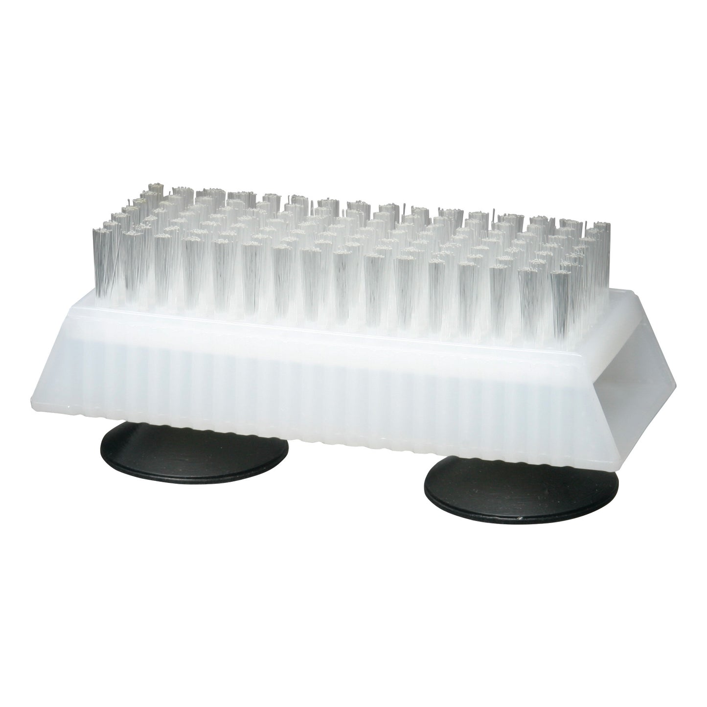 The Suction Base Fingernail Brush features stiff bristles, a rectangular plastic handle, and two suction cups for stability.