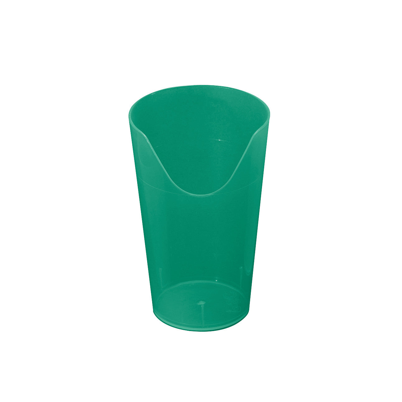 This is a green Nosey Cutout Cup, featuring an angled cutout for easy drinking without tilting the head back.