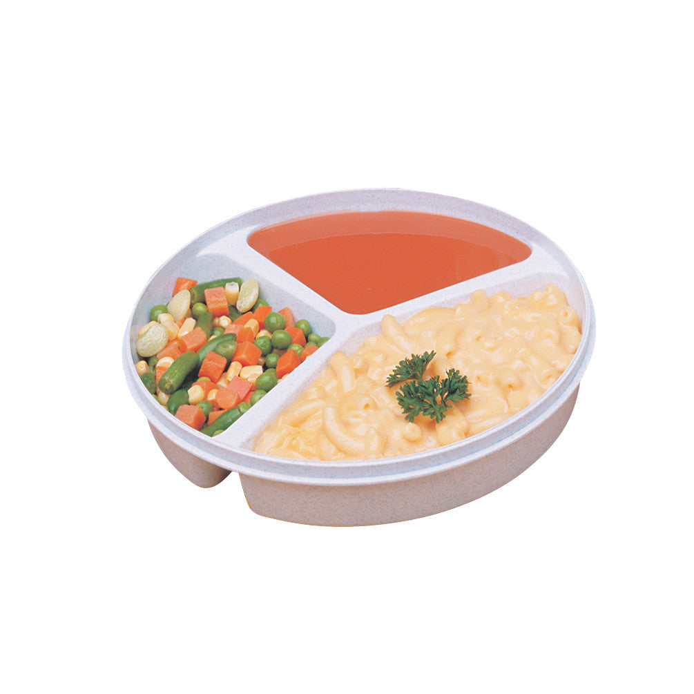 A Three-Compartment Scoop Dish with macaroni, mixed vegetables, and soup in separate sections, designed for easy scooping.