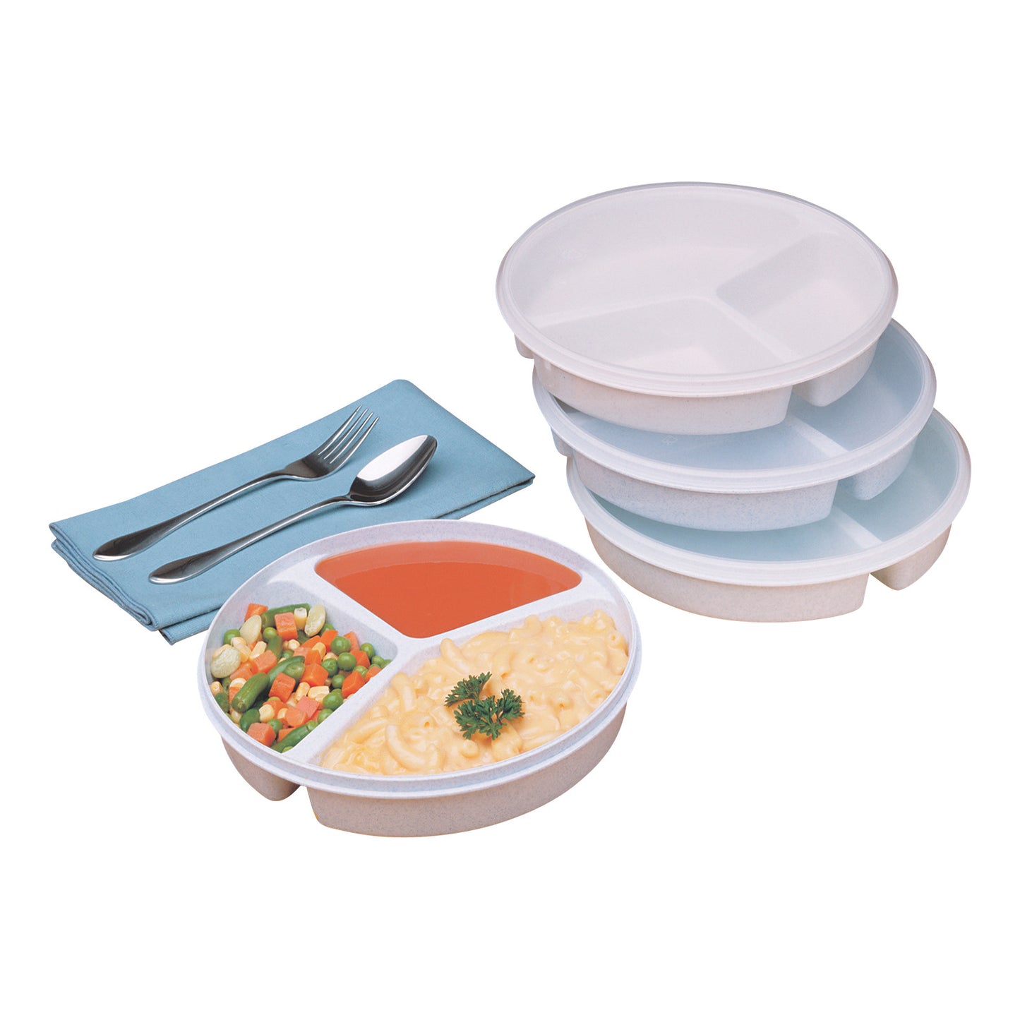 A Three-Compartment Scoop Dish with sections for soup, macaroni, and mixed vegetables is next to a blue napkin with a fork and spoon.