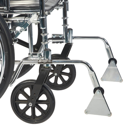 Close-up of an AliMed Front Anti-Tipper with Bumper attached to a wheelchair, featuring black wheels and metallic frame.
