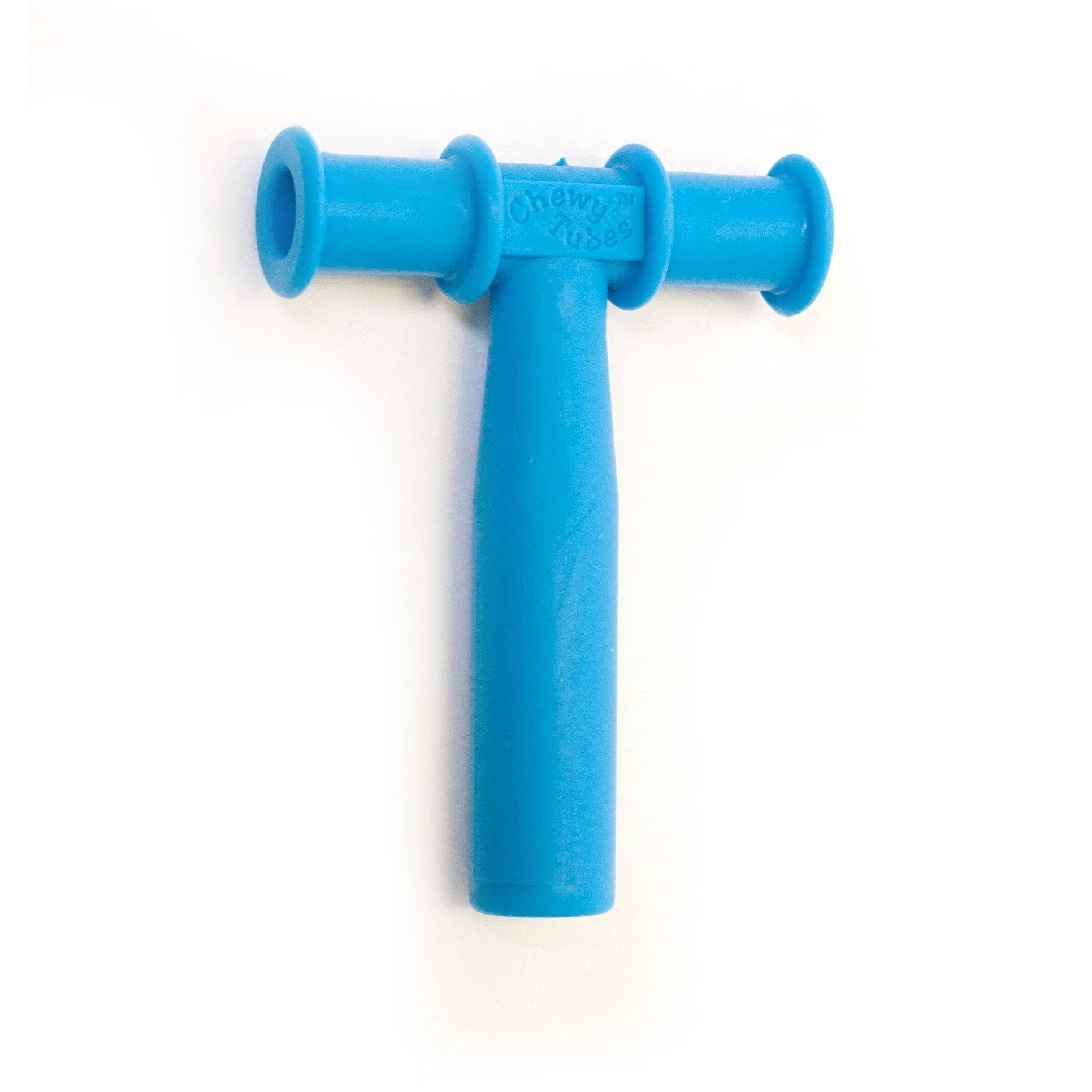 A blue Chewy Tubes Oral Motor Therapy Device shaped like a "T" with textured ends, designed for oral motor exercise.