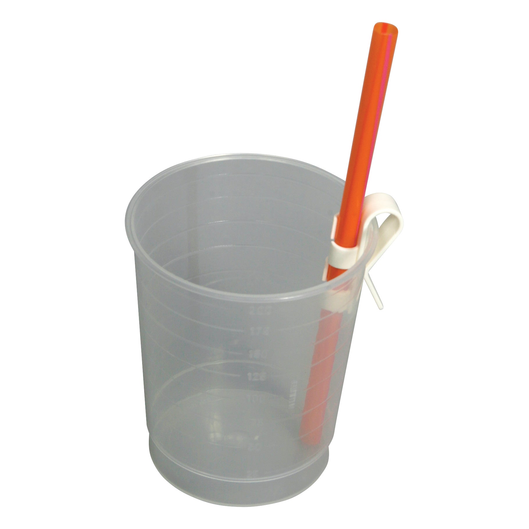 A transparent plastic cup with a red straw and AliMed Rika Safe-Hold Straw Clip attached to the side.