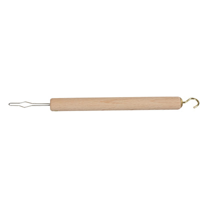 Wood-handled Button Hook/Zipper Pull Combo with a metal hook on one end and a loop on the other, useful for dressing aid.