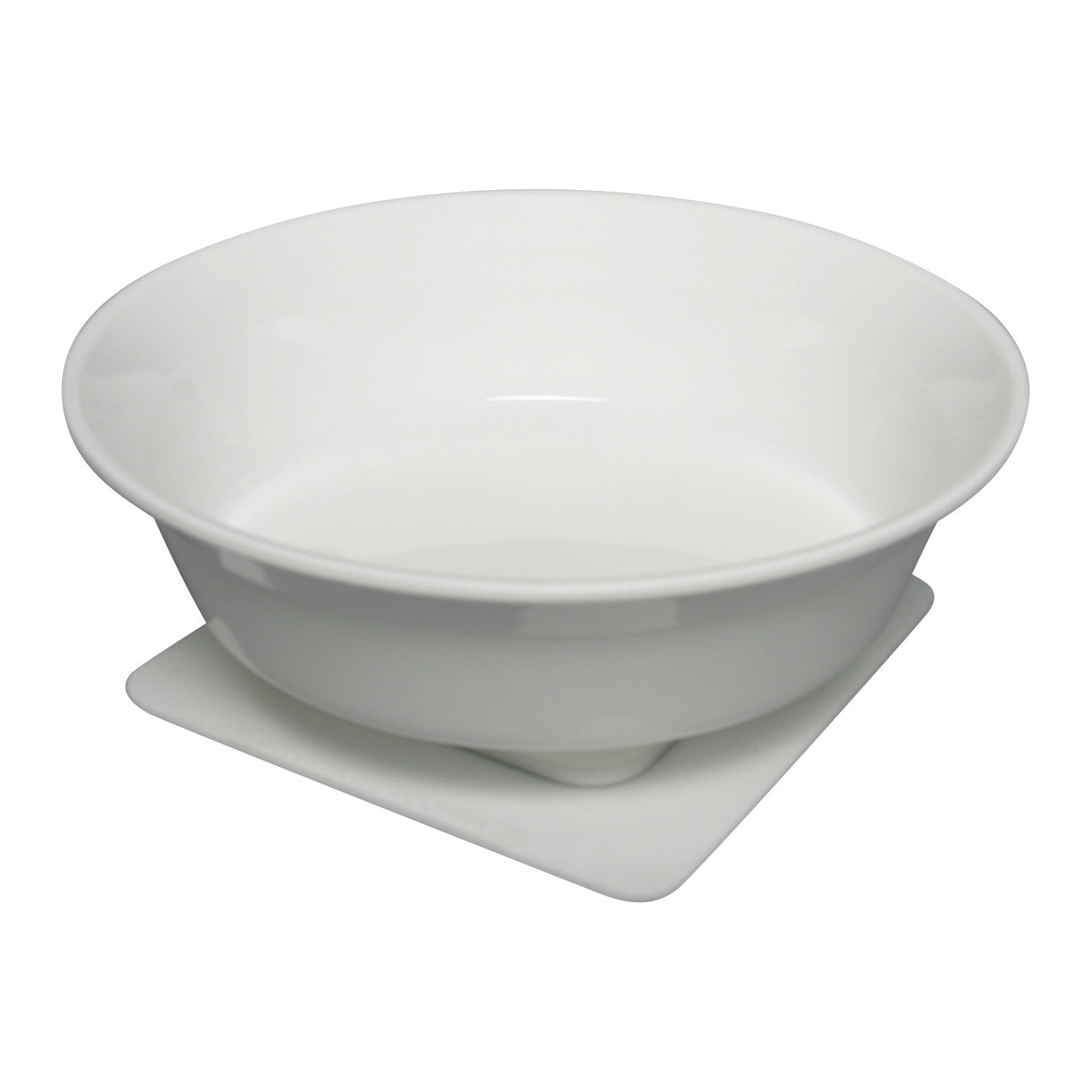 A white Freedom Suction Bowl on a square suction base, designed to prevent slipping and movement on surfaces.