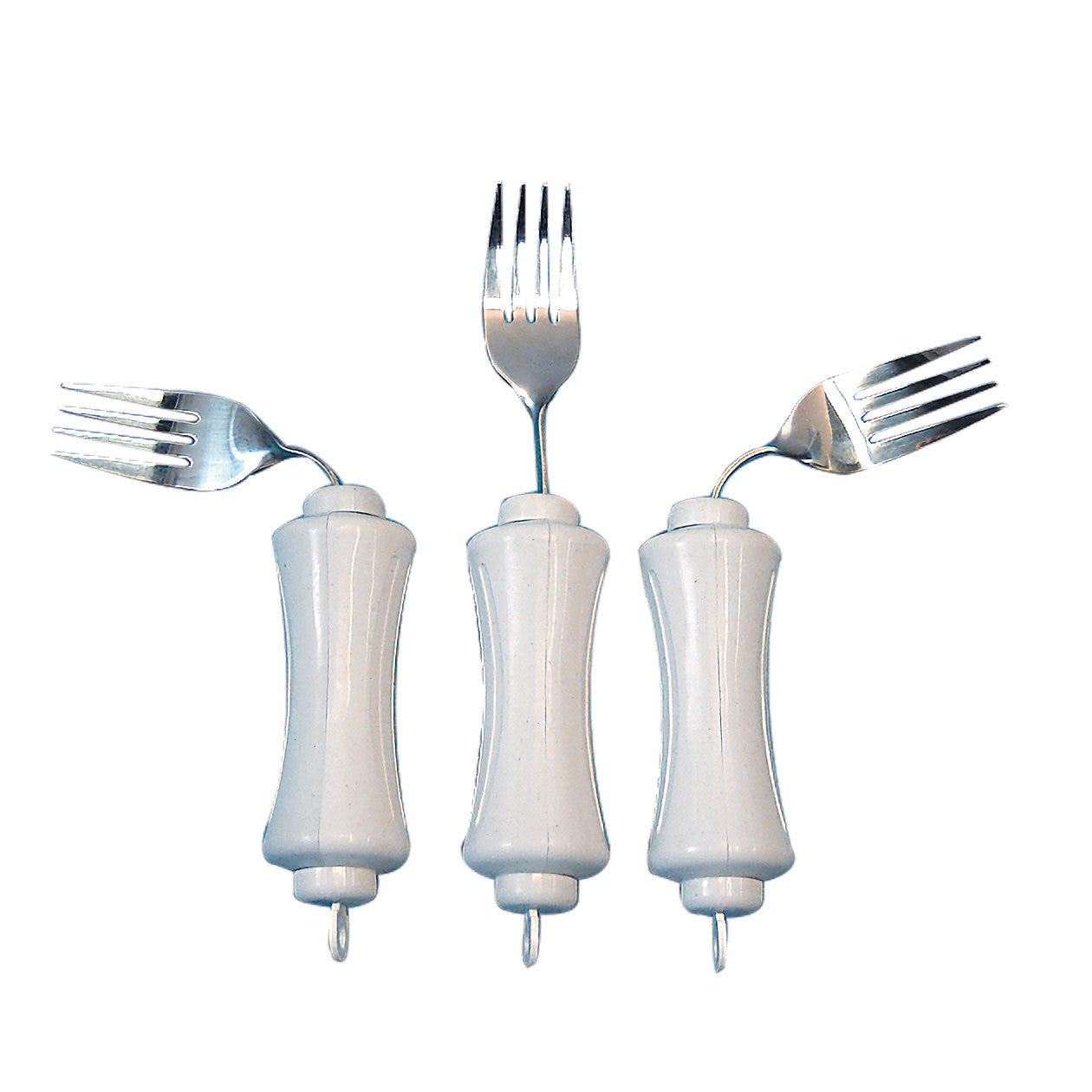 Three Maddadapt UBend-It Forks with adjustable stainless steel heads and large white ergonomic handles are shown.