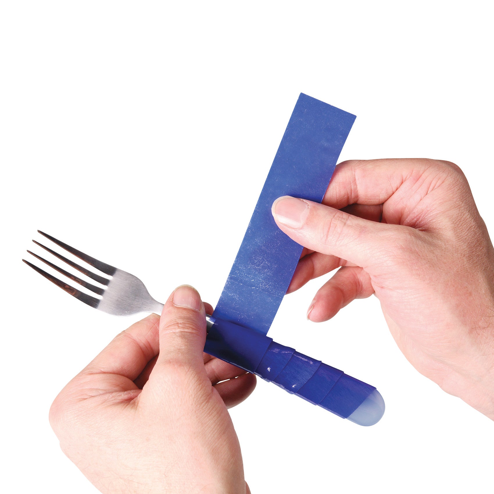 Two hands hold a fork and a blue Dycem Adhesive-Back Nonslip Matting Strip, wrapping it around the fork handle.