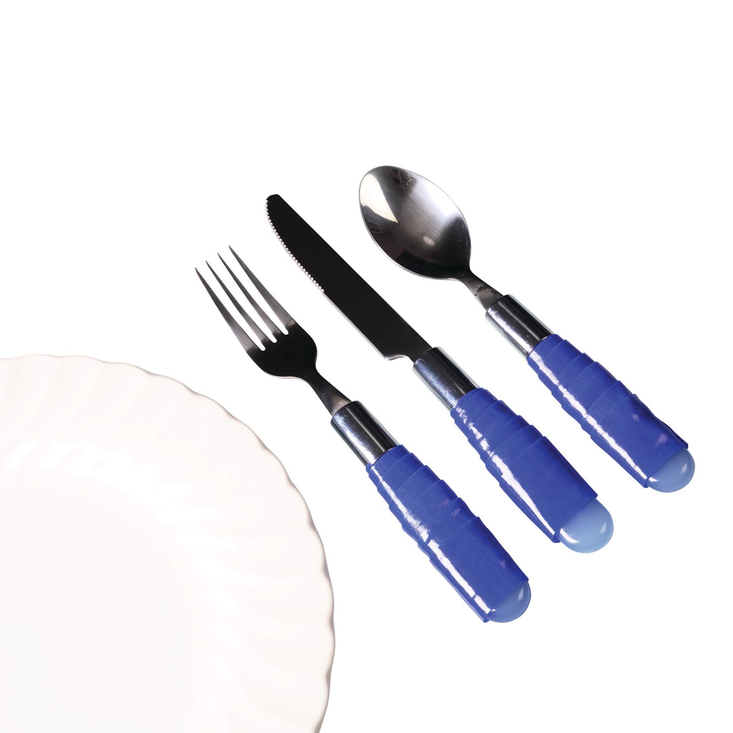 A fork, knife, and spoon with blue Dycem Adhesive-Back Nonslip Matting Strip handles are next to a white plate.