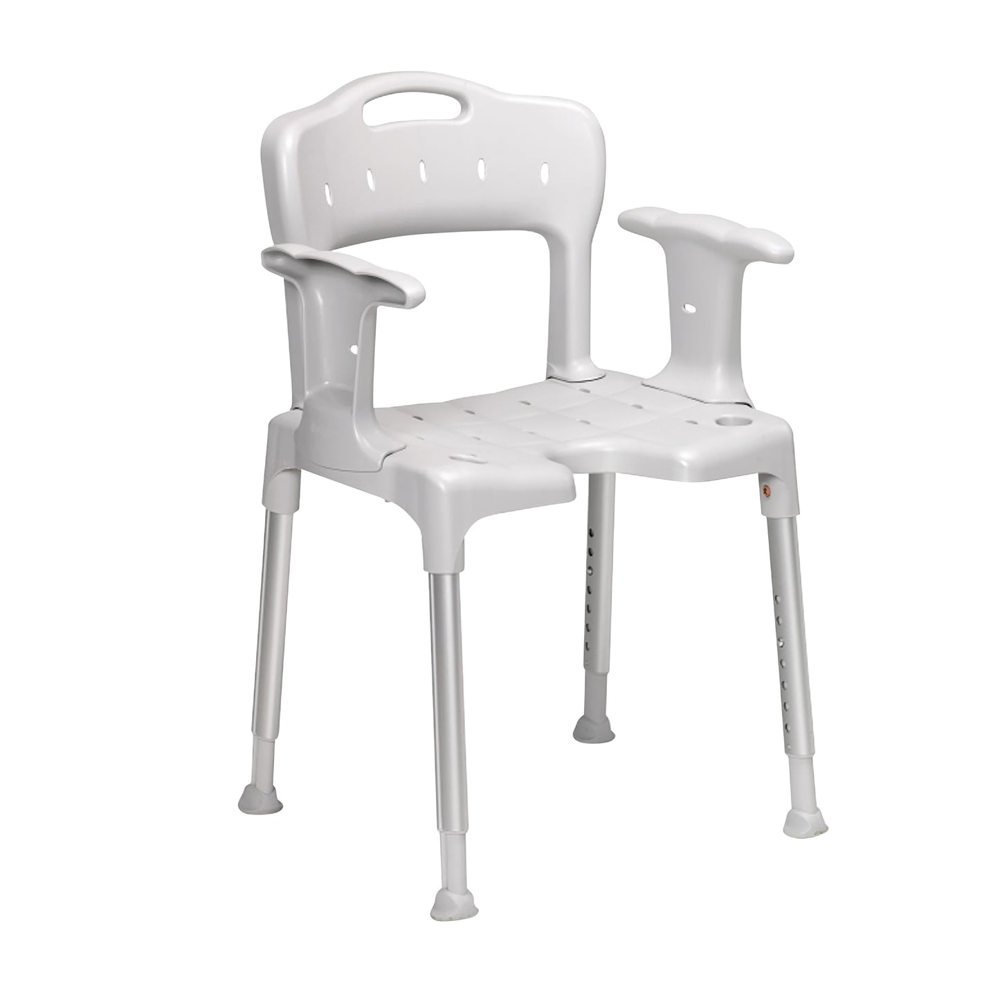ETAC Swift Shower Chair, shown in white with armrests and adjustable legs, designed for stability and comfort.