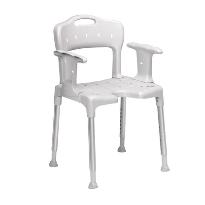 ETAC Swift Shower Chair, shown in white with armrests and adjustable legs, designed for stability and comfort.