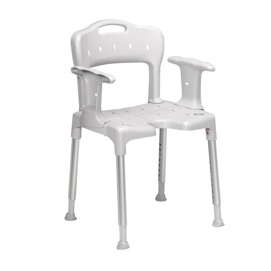 ETAC Swift Shower Chair, shown in white with armrests and adjustable legs, designed for stability and comfort.