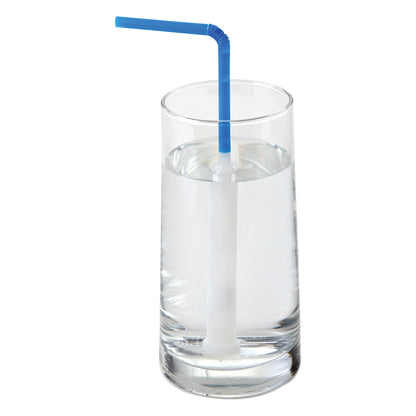 A glass of water with a SafeStraw, featuring a blue, bendable straw and a white mechanism inside the glass for safety.