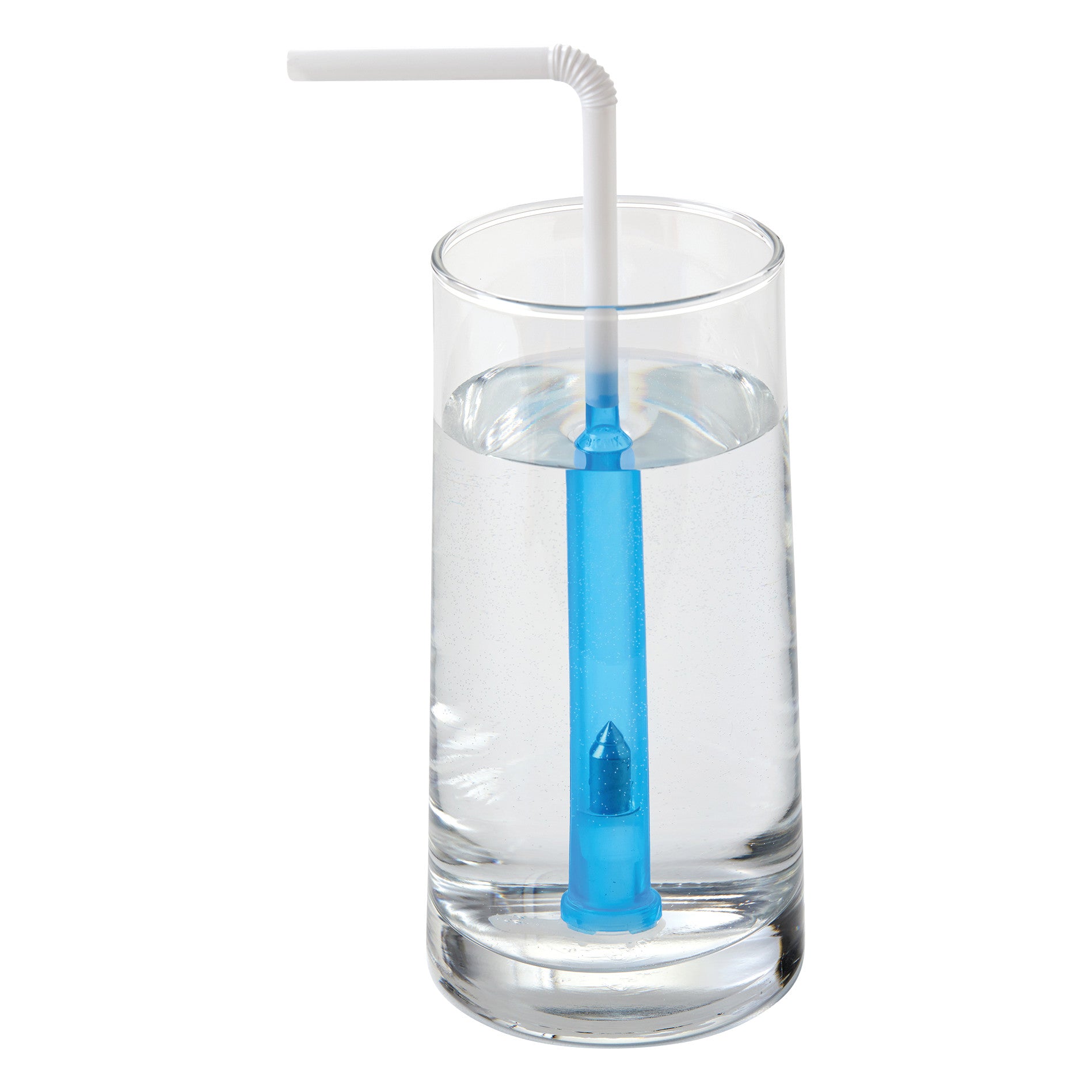 A SafeStraw is placed in a glass of water. The straw has a blue section designed for safe drinking, with a bendable white top.