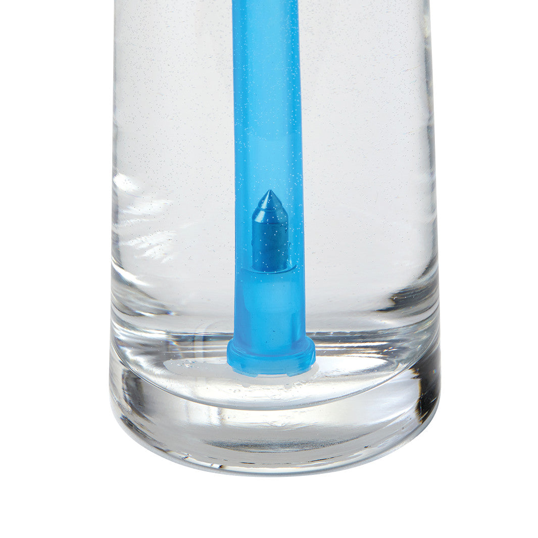 A close-up of a SafeStraw in water, highlighting its blue tip designed for controlled liquid intake.