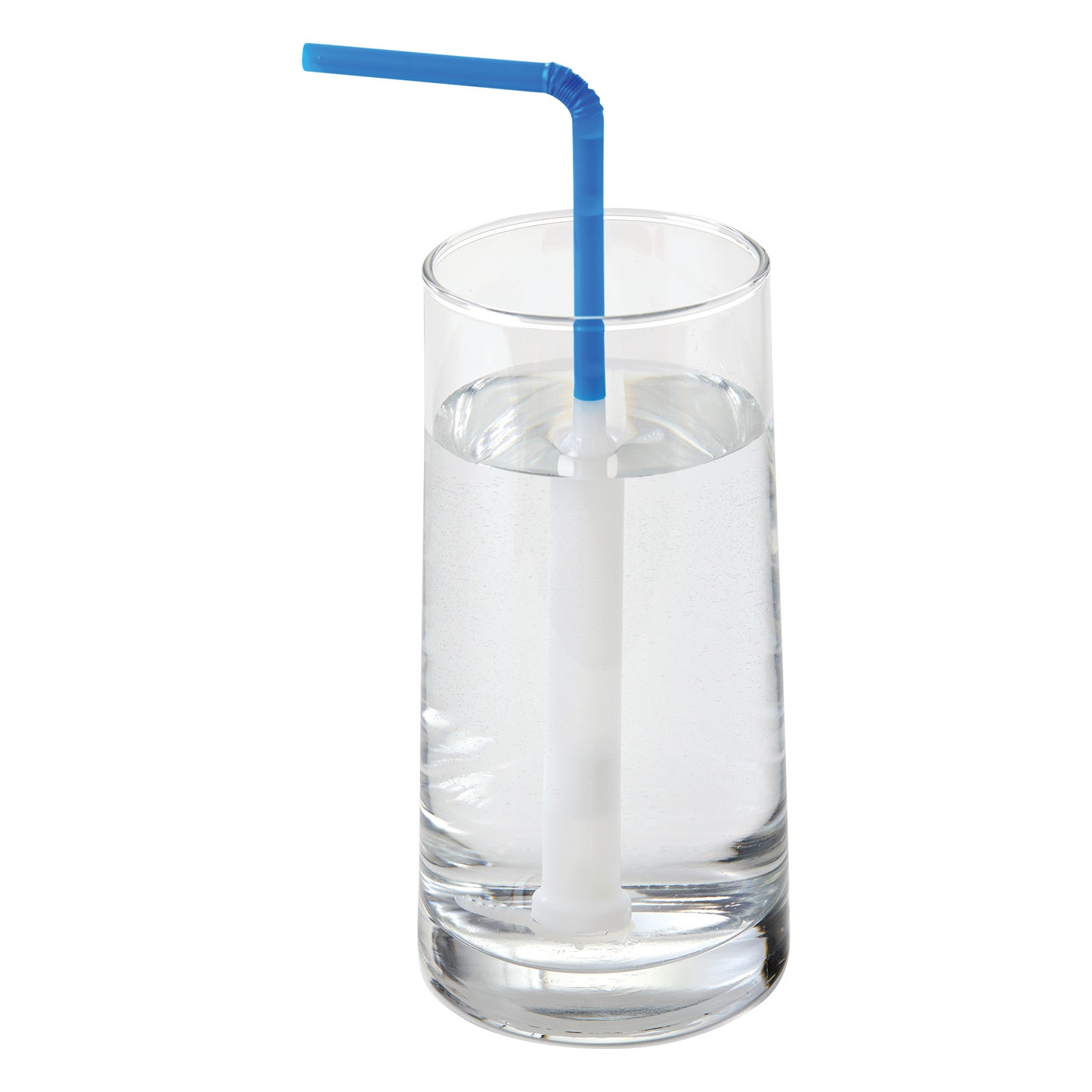 A clear glass of water with a blue SafeStraw inside, designed for safer drinking.