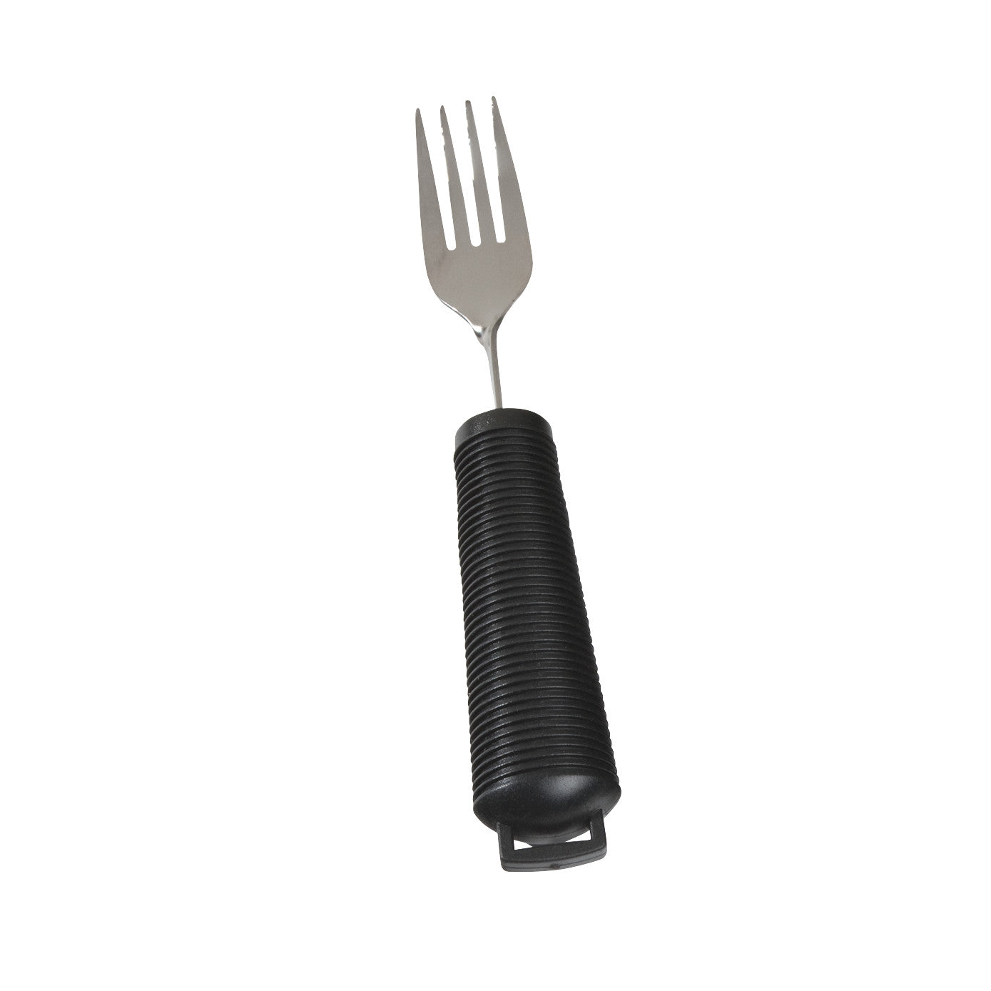 A fork with a thick black grip handle, part of the AliMed Grip Utensils collection, designed for ease of use.