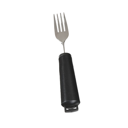 A fork with a thick black grip handle, part of the AliMed Grip Utensils collection, designed for ease of use.