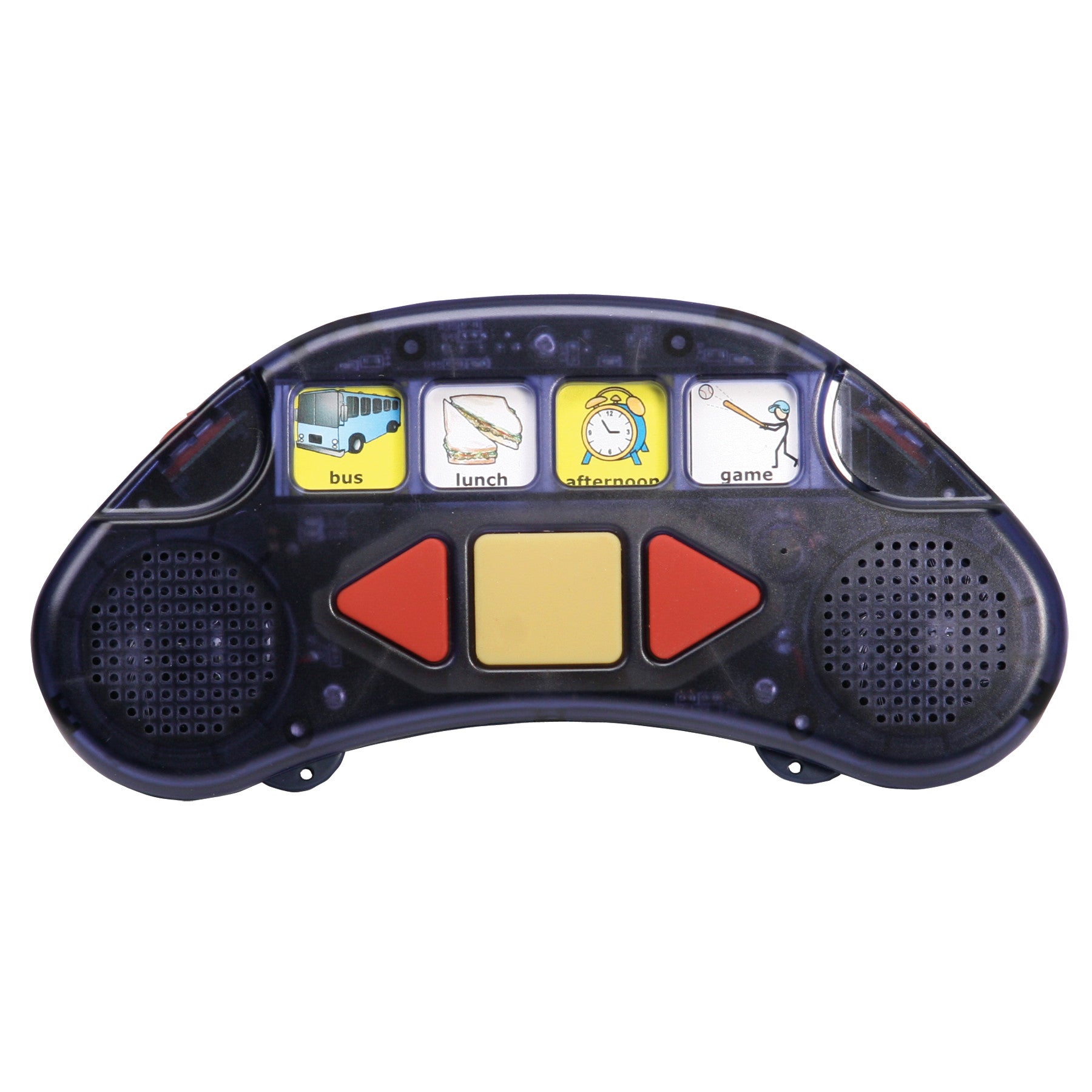 The StepPad Communication Device features four picture buttons labeled bus, lunch, afternoon, and game with red and yellow controls.