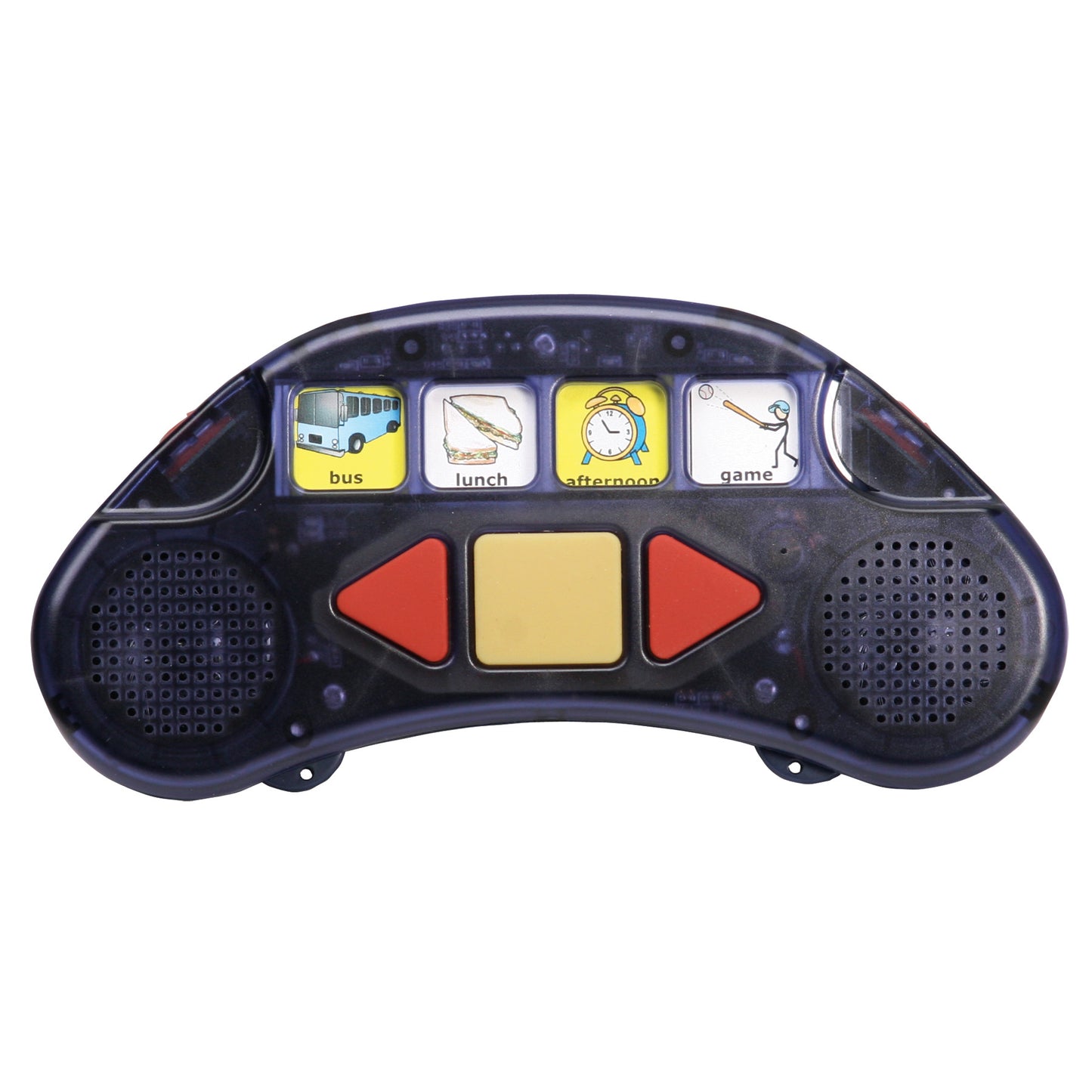 The StepPad Communication Device features four picture buttons labeled bus, lunch, afternoon, and game with red and yellow controls.