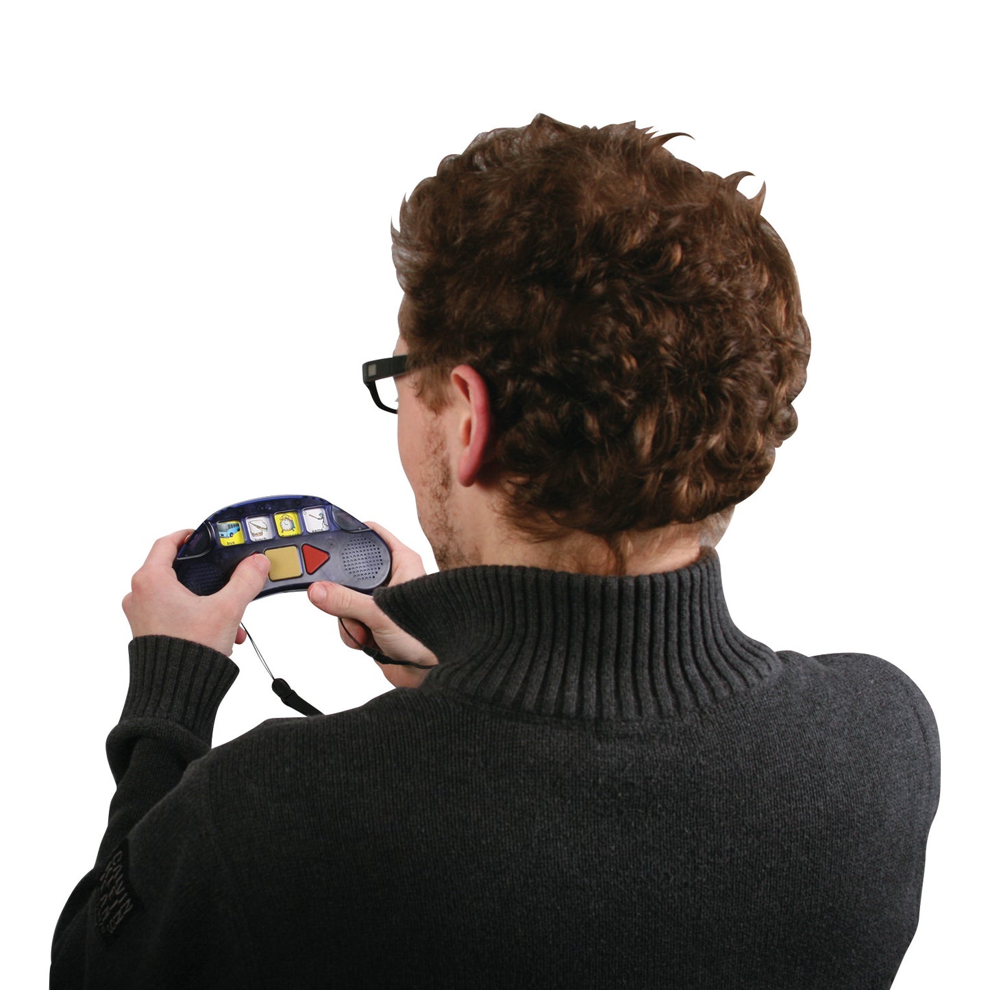 A person uses the StepPad Communication Device, featuring a screen with icons and buttons, held with both hands.