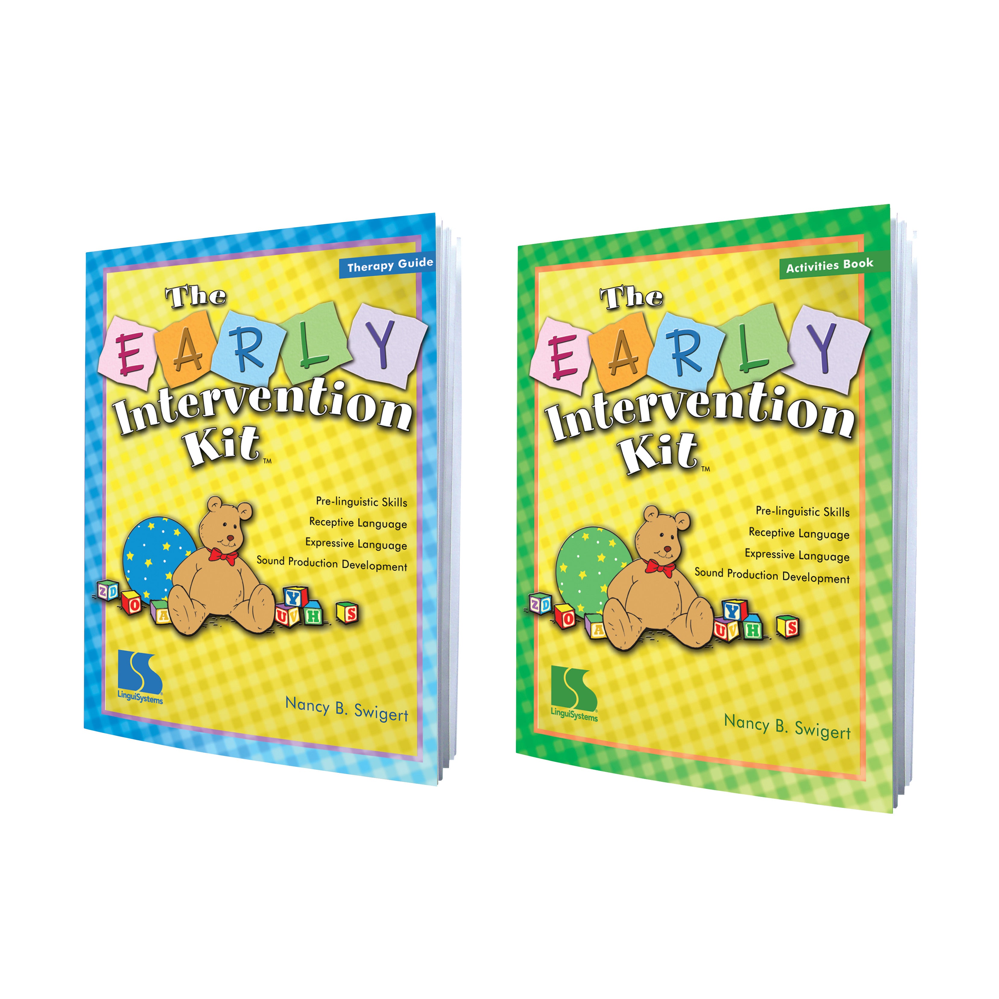 Two books titled "The Early Intervention Kit" with colorful covers featuring a teddy bear and alphabet blocks.