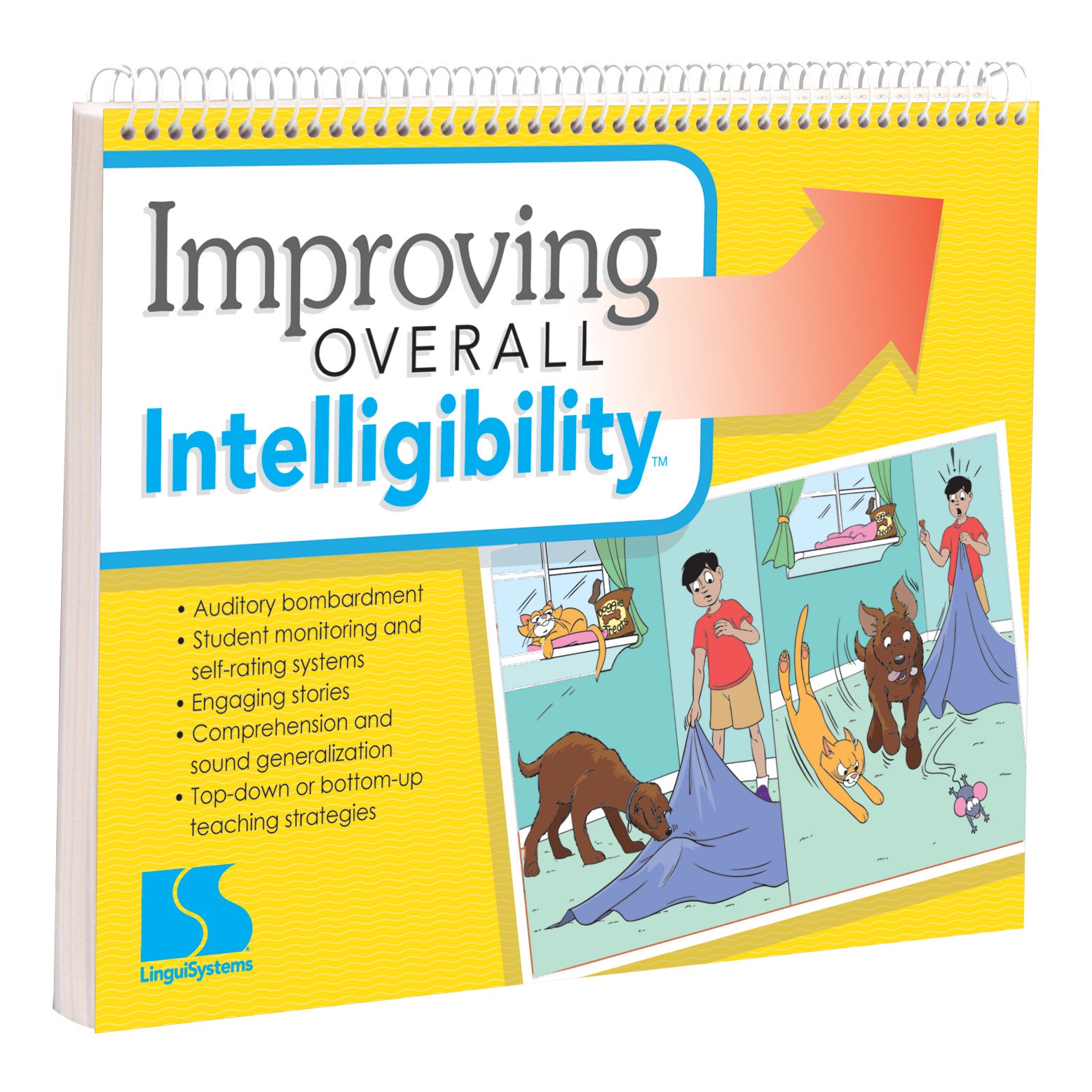 Cover of "Improving Overall Intelligibility" workbook. Includes text on auditory bombardment and a cartoon of a boy with pets.