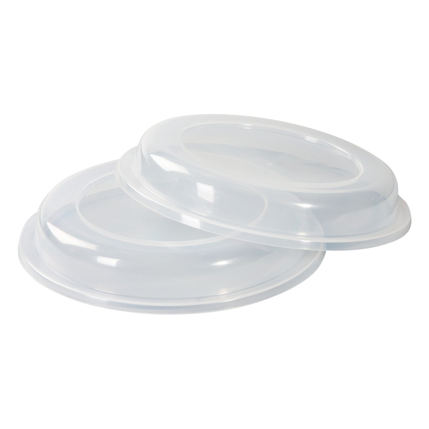 Two translucent lids designed for AliMed Assistive Dining Plates are stacked, showing their smooth, clear surfaces.