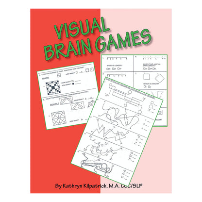 Cover of the "Visual Brain Games Workbook" with puzzle pages, featuring visual exercises. The author's name is at the bottom.