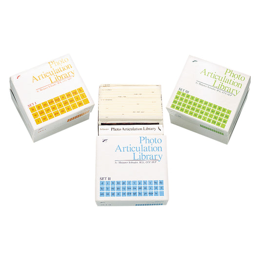 Three boxes labeled "Photo Articulation Library" in different colors, with one open, showing the card contents inside.